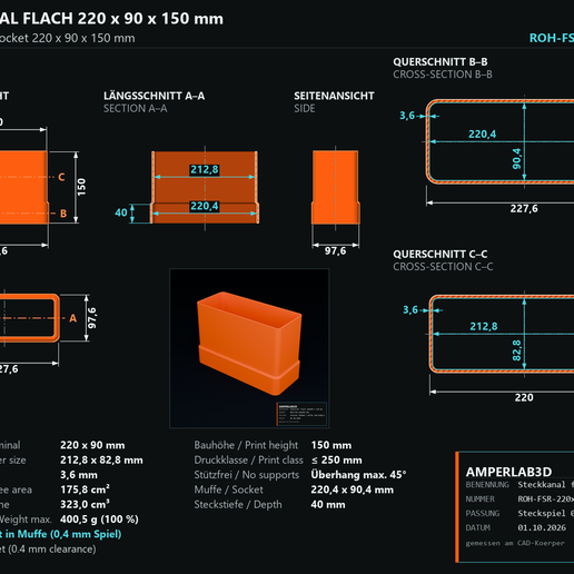 Flachkanal mit Muffe 220x90 mm, 150 mm lang – Lüftungskanal zum Stecken, ohne Stützen