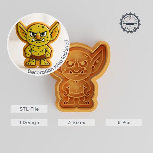 product_1037-01_main.jpg Goblin Shape Cutter & Stamp Set, Fantasy Cookie Molds, 3 Sizes, 6pc, Perfect for Fondant, Mischievous Monster Design