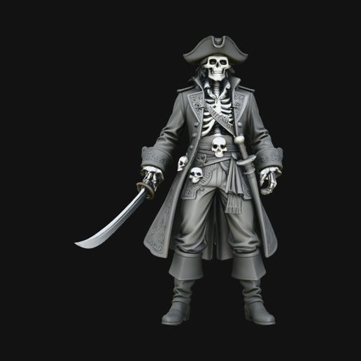 Skull-Adorned Skeleton Pirate Captain Statue Design 2 - 3D Print Model