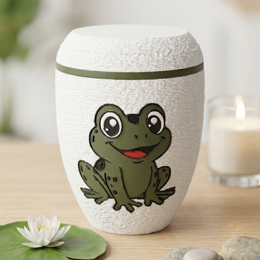 Frosch Urne | Tierurne & Gedenkurne mit Cartoon-Frosch | vorgefärbte 3MF Druckvorlage mehrfarbig