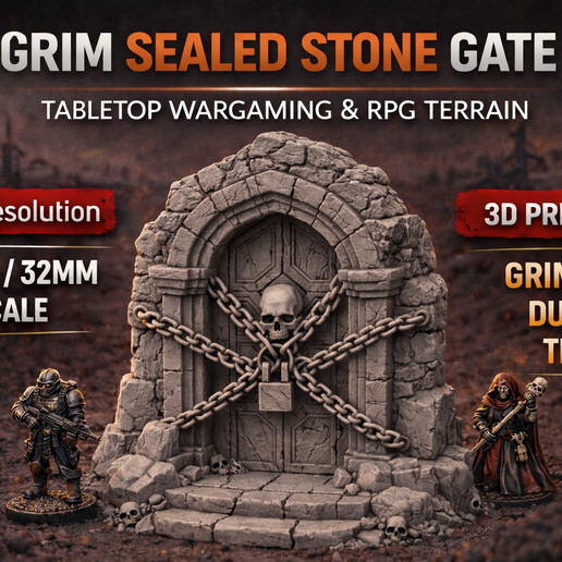 Grim Sealed Stone Gate - Ritual Ruined Door Terrain (28mm / 32mm)
