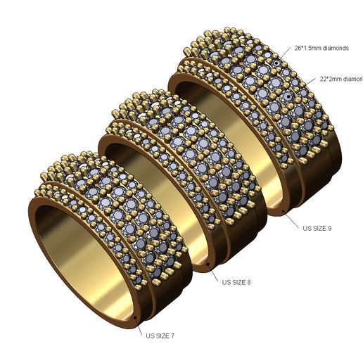 Diamond 4row wedding and engagement ring US sizes 7 8 9 3D print model 3D model