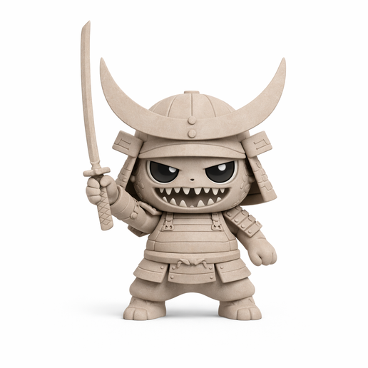 Samurai Art Toy Figurine - Labubu Style Warrior Vinyl Toy - Kabuto Armor Katana Character - 3D Print STL