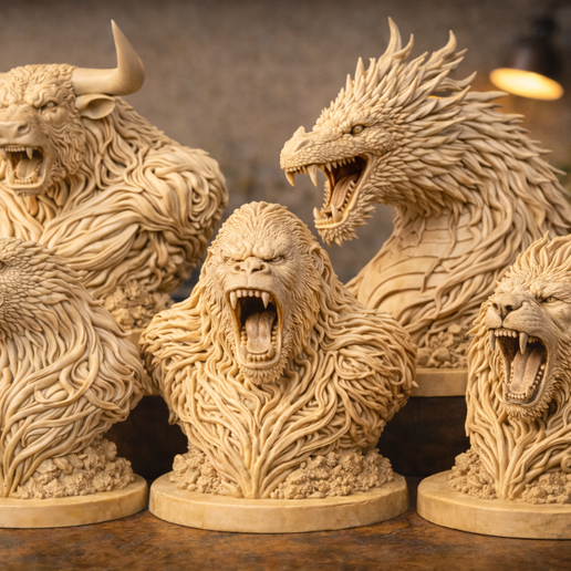 Animal Bust Bundle STL Pack – Eagle Bull Dragon Gorilla Lion – Detailed Creature Sculptures – 3D Print Files – Printable Statue Collection