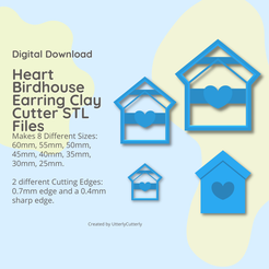 Digital Download Heart Birdhouse Earring Clay Cutter STL Files Makes 8 Different Sizes: 60mm, 55mm, 50mm, 45mm, 40mm, 35mm, 30mm, 25mm. 2 different Cutting Edges: 0.7mm edge and a 0.4mm sharp edge. Created by UtterlyCutterly Cortador de arcilla con forma de corazón de casa de pájaros - Descarga de archivos digitales STL - 8 tamaños y 2 versiones de cortadores