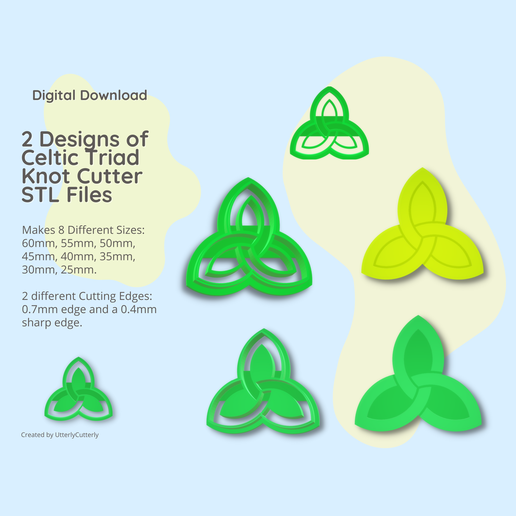 Celtic Triad Knot 1 & 2 Clay Cutter - 2 Design Bundle STL Digital File Download- 8 sizes and 2 Cutter Versions 3D model