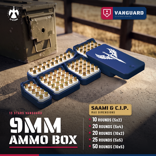 9MM AMMO BOX VANGUARD SLIDING LID AMMUNITION STORAGE 10/20/25/50 ROUNDS 9x19 LUGER 9 MM | 13 STARS