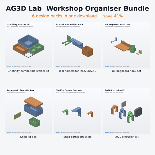 Workshop Organiser Bundle: Gridfinity-Compatible, SKADIS, Pegboard + More | STEP IGES STL + PDF