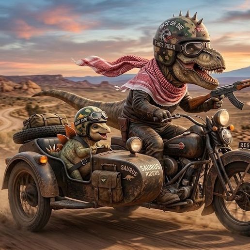 T-Rex Road Rage - Dinosauri su Sidecar con Mitragliatore (STL 3D)