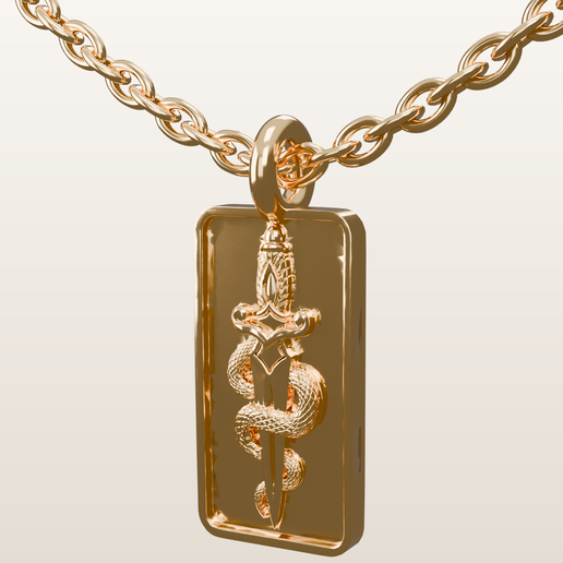 Snake and Dagger Bar Pendant – Signet Medallion Necklace STL