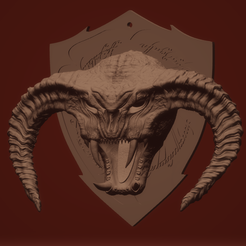 BalrogShieldRender.png STL file Balrog Head With Shield Wall Plaque・3D printing design to download
