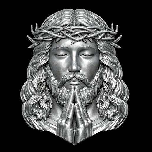 high-relief bust of Jesus Christ wearing the crown of thorns with hands held in prayer ready for 3d printing