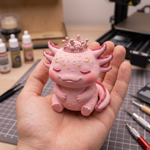 Pre-Supported Mochi Sleepy Axolotl STL | Cute Chibi Kawaii Desk Pet 75mm