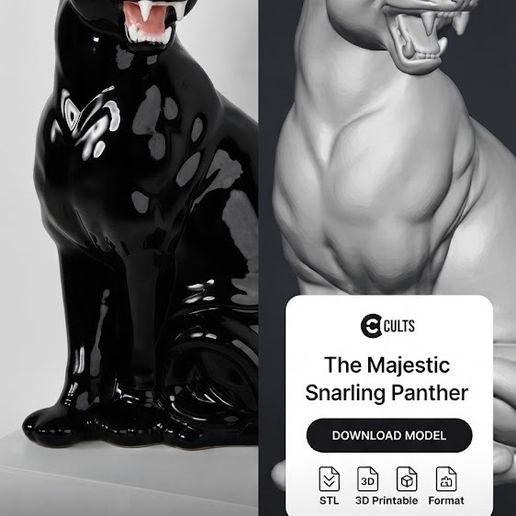 Majestuosa Pantera Rugiente Sentada  – Modelo 3D para Impresión / The Majestic Snarling Panther 3D Model