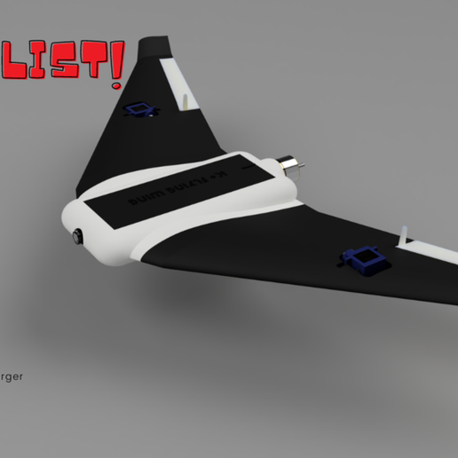 PARPS LIZ?) 3D PRINTED PARTS -2 Elevons -2 Wing Tips -2 Wings -1 Fuselage -1 Canopy ELECTRONICS - 2x Servos Motor 9g - A2212 Motor (1000kv or 2000kv) - 1x 30 Amps ESC -Micro FPV Camera kit (with transmitter and receiver) -RC Transmitter/Receiver ~6045 Propeller TOOLS -30 Printer (With one Axis larger than 250mm) -Hot glue Gun & Sticks -Cyanoacrylate glue Soldering station =RC elevon rods K+ 3D Printed Flying wing FPV Drone