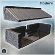 11_eclate.jpg Open-front stone shelter with sloped corrugated metal roof, timber post support, brick interior wall, raised storage platform and bare earth floor for equipment staging (8) - Modern WW2 WW1 World War Diaroma Wargaming RPG Mini Hobby