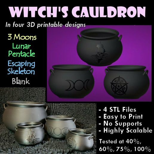 Witch's Brew Cauldron Pentacle Moons Skull or Blank Multiple STL Files