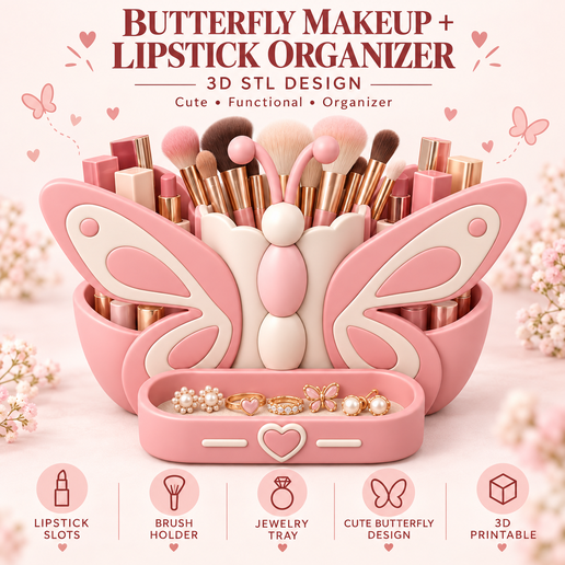 Pink Butterfly Makeup Organizer STL – Breast Cancer Awareness Inspired