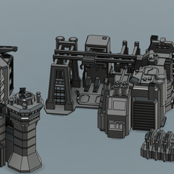 Buildings.png 3D file Battletech "Forward Base" Hex-friendly terrain set (Structures and Walls Only)・3D printable model to download, Thunderhead_Studio