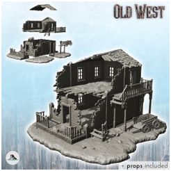 1.jpg STL file Ruined wooden building with damaged stairs and cart (+ props) (29) - Cowboy USA America ACW American Civil War History Historical・Template to download and 3D print