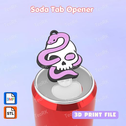Soda Tab Opener Snake in a Skull Keychain - STL 3MF pre-painted - Soda can Opener