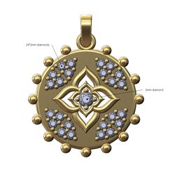 Star-Tri-cluster-Round-Beads-Pendant-00.jpg Fichier STL Pendentif en forme de pièce de monnaie avec des grappes de diamants et des étoiles florales Modèle d'impression 3D・Modèle imprimable en 3D à télécharger