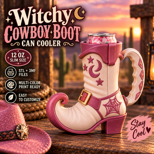 Witchy Cowboy Boot Can Cooler – 12 oz Slim – STL + 3MF