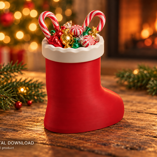 Santa Boot Candy Bowl STL – Christmas Treat Holder with Separate Cuff, Two-Piece 3D Printing Files, No AMS