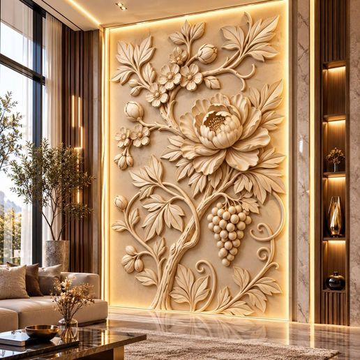 Floral Bas Relief STL – Peony Flower and Grape Vine 3D CNC Carving Model