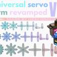 Universal-servo-arm.png 1, 2, 3, 4, 6, 8 & 16 servo arms attachment kit. Universal for microcontrollers servo's.