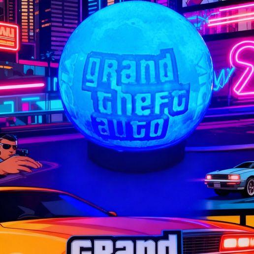 Fortnite-Globe-Scene-5.jpeg GTA 6 Lithophane Globe (3-Image Edition) | 10cm Sphere + Base for 001 Puck Light | Internal Supports Only | STL with Commercial Licence