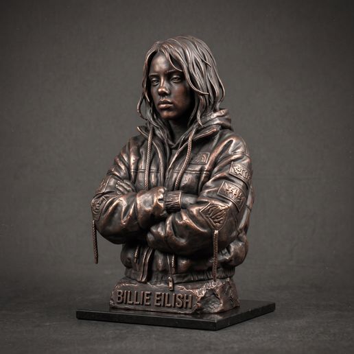 Billie Eilish - Bust with Arms Crossed, Portrait Sculpture, Silver Fine-Art Statue, 3D Printable STL, Home Decor, Desk Decor, Gift