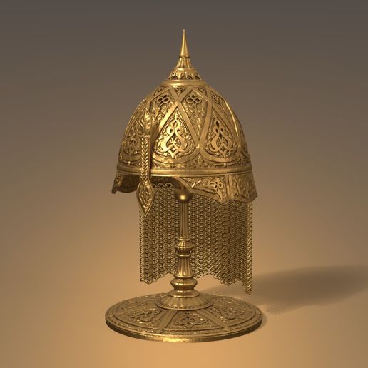 Osmanlı Miğfer Lamba — Zincir Zırhlı Delikli Miğfer, E27, 40 cm, 3D Baskı - Ottoman Helmet Lamp — ornate perforated helmet with chain-mail aventail (E27, 40 cm, 3D printable)