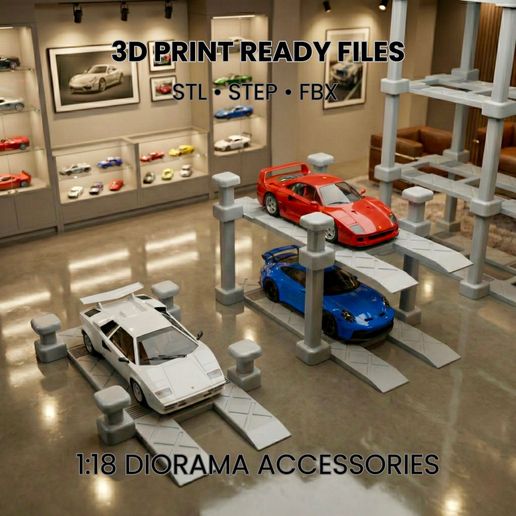 🚗 1/18 Scale Modular Car Lift: Stackable Diorama | STL, STEP, FBX