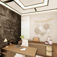 Study-Room-with-TV-and-cabinets-2.jpg Modern matte black study room interior with natural stone wall CG model