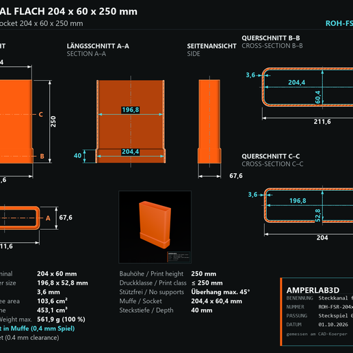 Flachkanal mit Muffe 204x60 mm, 250 mm lang – Lüftungskanal zum Stecken, ohne Stützen