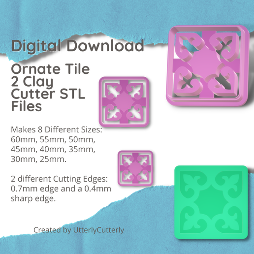 Ornate Tile 2 Clay Cutter - Embossed STL Digital File Download- 8 sizes and 2 Cutter Versions 3D model