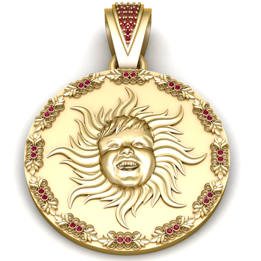 Luxury Gold Sun Medallion Pendant with Ruby Floral Border