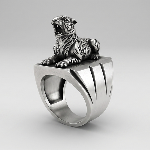 Roaring Tiger Statue Signet Ring