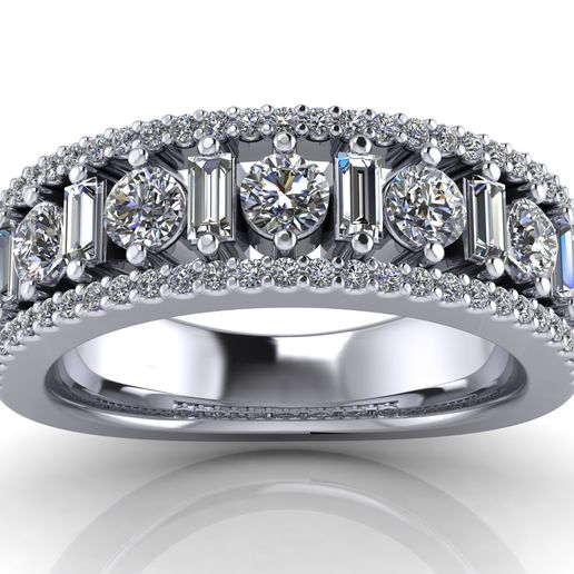 Wide Engagement Ring - Wedding Band with Baguette and Round Diamonds 3D model