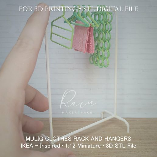 MINIATURE IKEA-Inspired MULIG Clothes Rack with 3 Hangers  | Four (4) Items | Laundry Room Miniature Furniture Collection