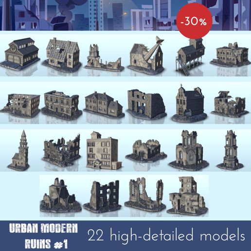 Pack-Modern-urban-ruins-1.jpg Fichier 3D Modern ruins pack No. 1 - Flames of war Bolt Action WW2 Modern Warhammer・Modèle imprimable en 3D à télécharger, Hartolia-Miniatures