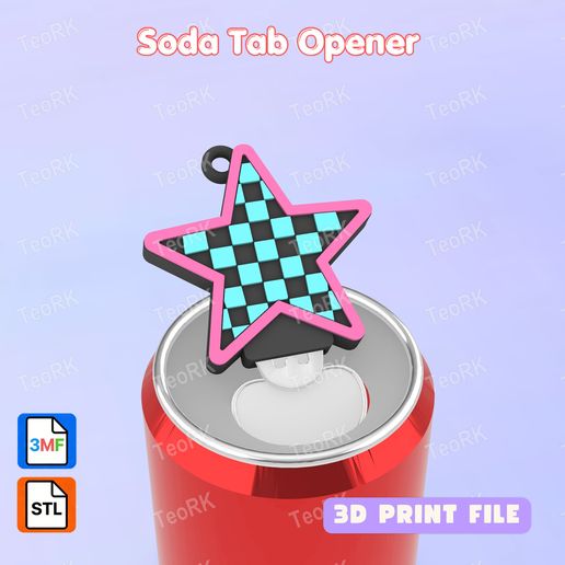 Soda Tab Opener star checkered Keychain - STL 3MF pre-painted - Soda can Opener