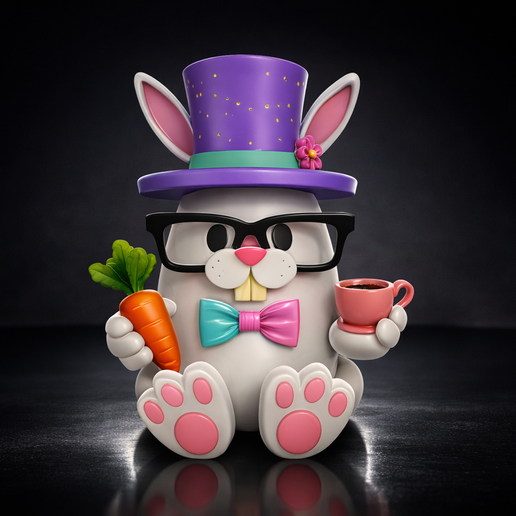 Easter Bunny 3D Print – Kawaii Rabbit with Top Hat, Carrot & Tea Cup – Easter Egg Decor