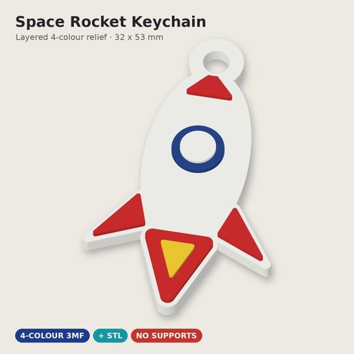 Space Rocket Keychain – Cute Layered Multicolor Keyring | 3MF + STL