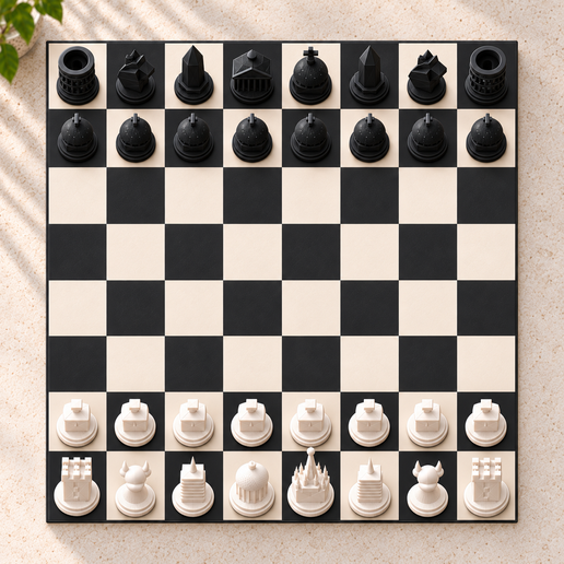 Rome vs Milan Chess Set – Italian Architecture – 3D Printable Board & 32 Pieces