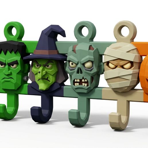 Geometric Halloween Character Wall Hooks & Key Rack – Low Poly 3D STL Hanger