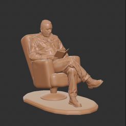 6FC71136-BF4D-4343-8EC2-96B22955E16A.jpeg Archivo STL Hombre con ropa de trabajo sentado en un sillón mientras lee un libro・Modelo de impresora 3D para descargar
