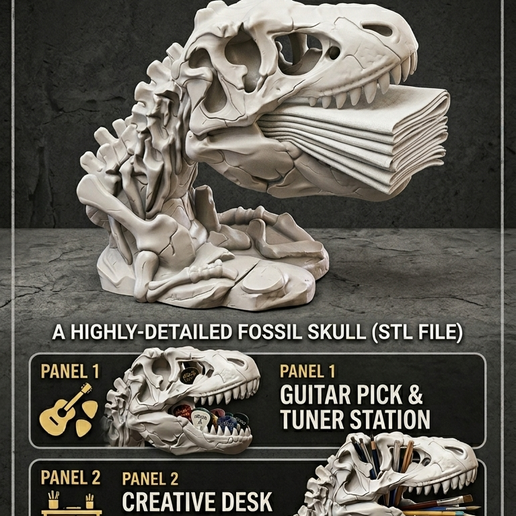T-Rex Skull Multi-Purpose Organizer STL, Dinosaur Fossil Napkin Holder and Pick Box, 3D Printable Desktop Accessory Stand