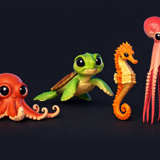 Cute Ocean Creatures Pack – Stylized Mini Sea Animals (Octopus Turtle Seahorse Squid)